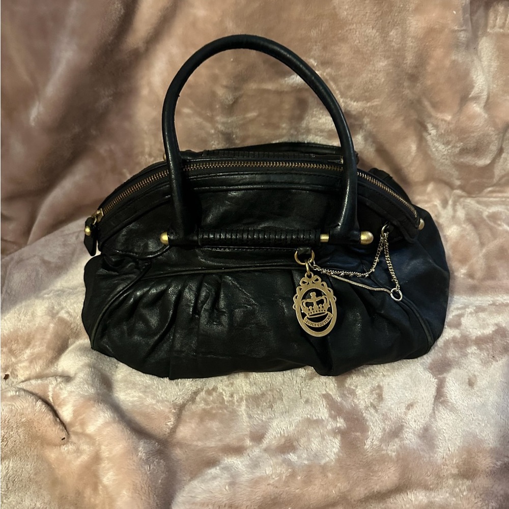 Well loved Y2K 00s Juicy Couture black leather gold  slouchy bag